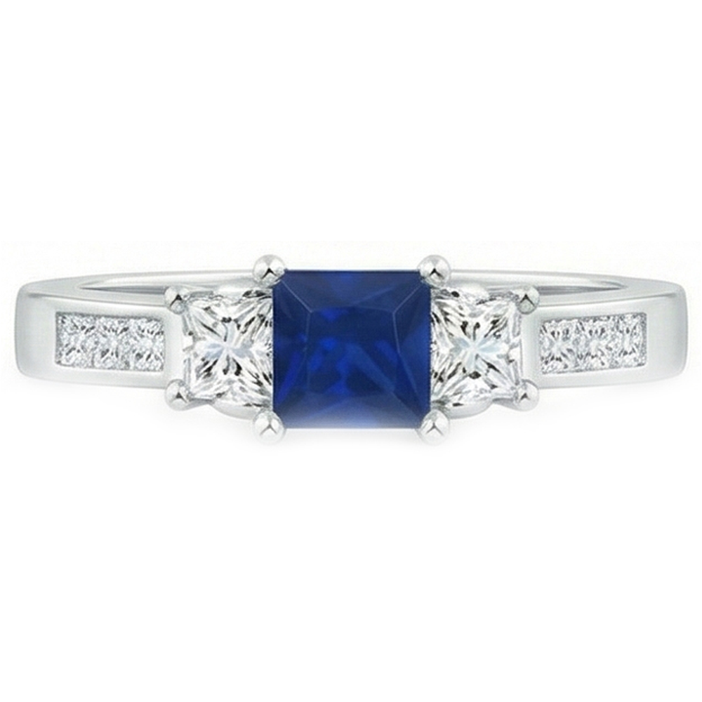 Princess Cut 2.85 Ct Sapphire And Natural Earth Mined Diamonds Wedding Ring White Gold 14K