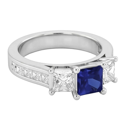 Princess Cut 3.50 Ct Ceylon Sapphire And Natural Earth Mined Diamonds Ring White Gold 14K