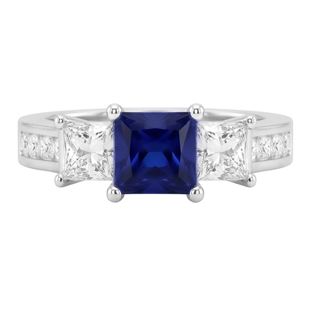 Princess Cut 3.50 Ct Ceylon Sapphire And Natural Earth Mined Diamonds Ring White Gold 14K