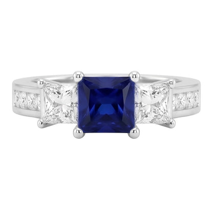 Princess Cut 3.50 Ct Ceylon Sapphire And Natural Earth Mined Diamonds Ring White Gold 14K