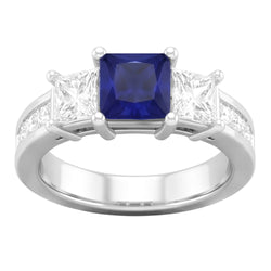 Princess Cut 3.50 Ct Ceylon Sapphire And Natural Earth Mined Diamonds Ring White Gold 14K