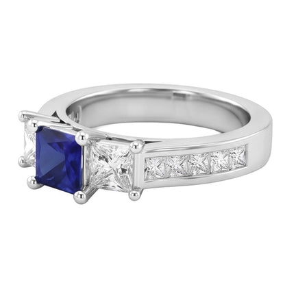 Princess Cut 3.50 Ct Ceylon Sapphire And Natural Earth Mined Diamonds Ring White Gold 14K