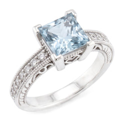 Princess Cut Aquamarine With Round Natural Earth Mined Diamonds 16 Ct Ring White Gold