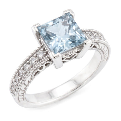 Princess Cut Aquamarine With Round Natural Earth Mined Diamonds 16 Ct Ring White Gold