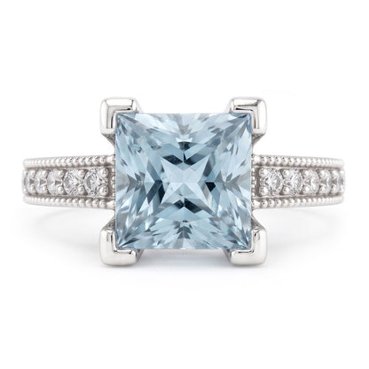 Princess Cut Aquamarine With Round Natural Earth Mined Diamonds 16 Ct Ring White Gold
