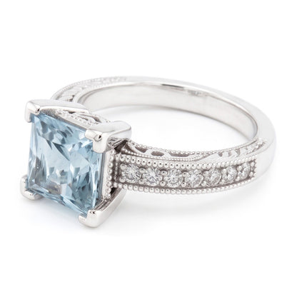 Princess Cut Aquamarine With Round Natural Earth Mined Diamonds 16 Ct Ring White Gold