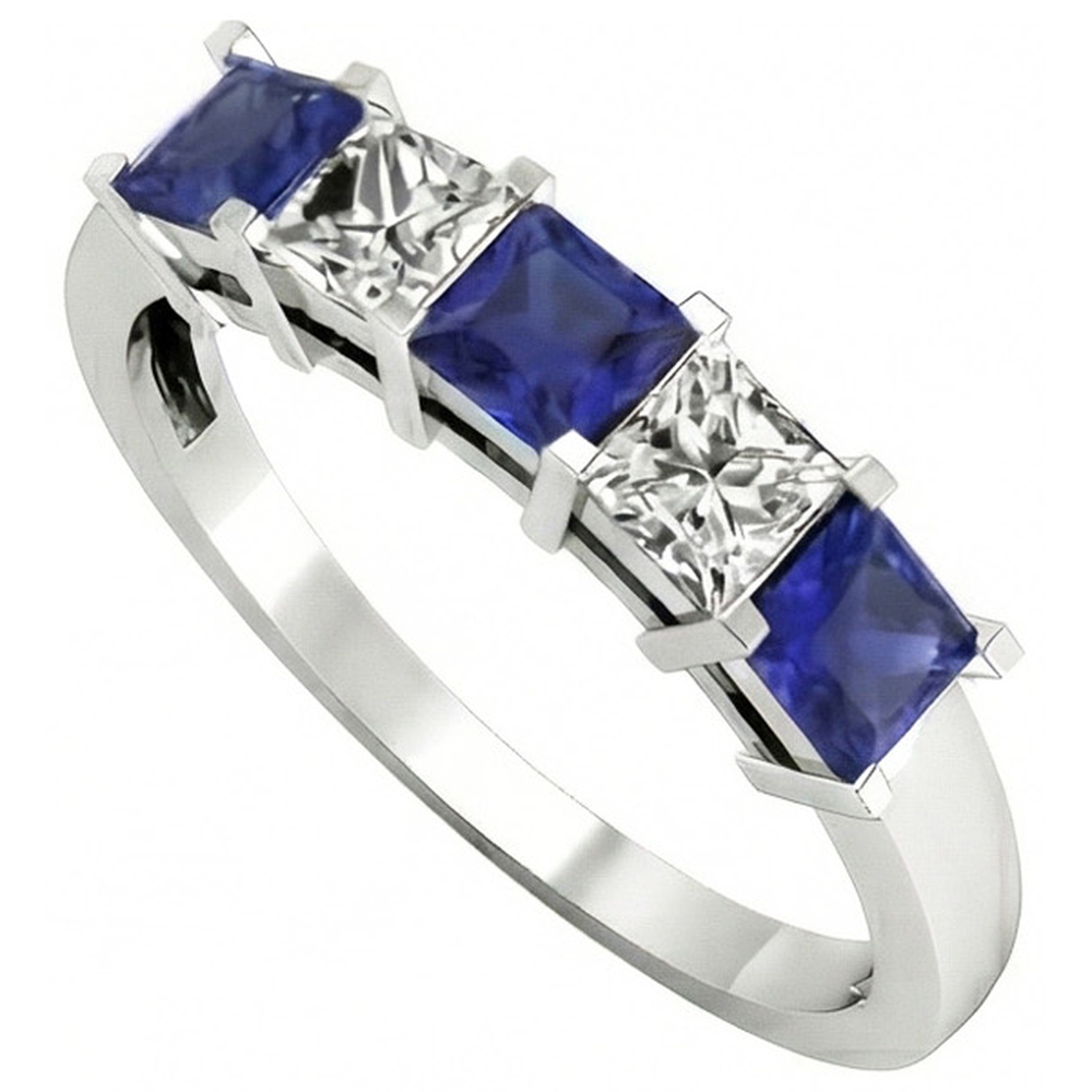 Princess Cut Ceylon Sapphire Natural Earth Mined Diamonds 5 Stone Ring 1.75 Ct