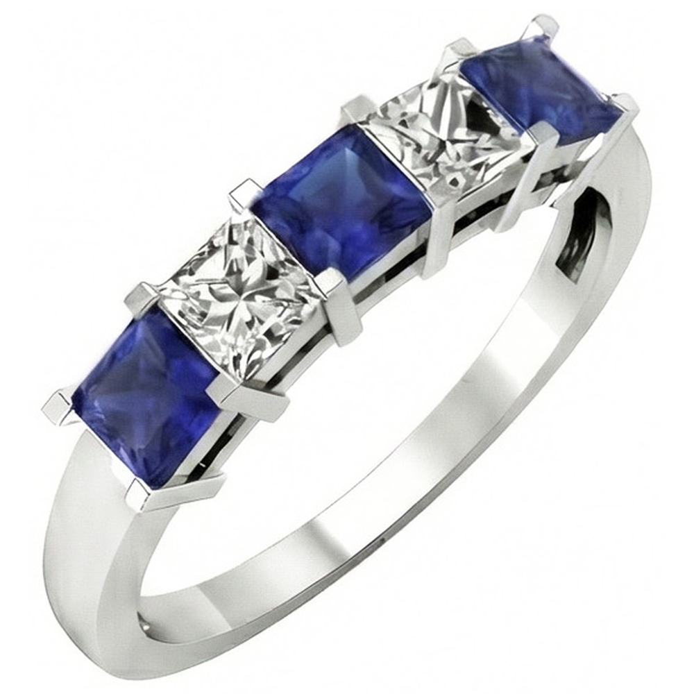 Princess Cut Ceylon Sapphire Natural Earth Mined Diamonds 5 Stone Ring 1.75 Ct