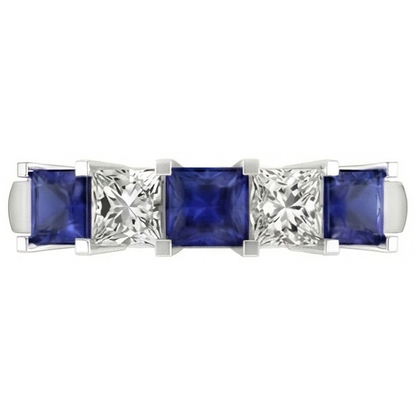 Princess Cut Ceylon Sapphire Natural Earth Mined Diamonds 5 Stone Ring 1.75 Ct