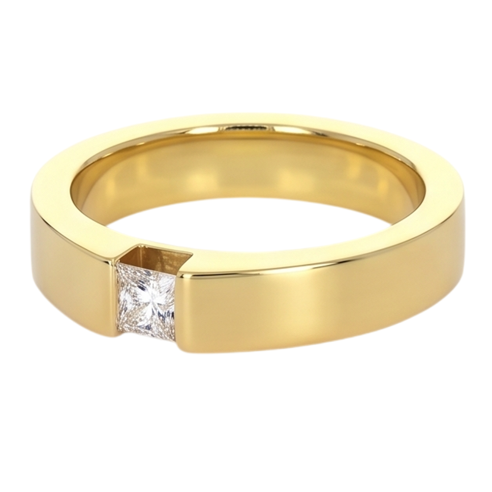 Princess Cut Diamond Tension Set Men's Ring 0.75 Carats Yellow Gold