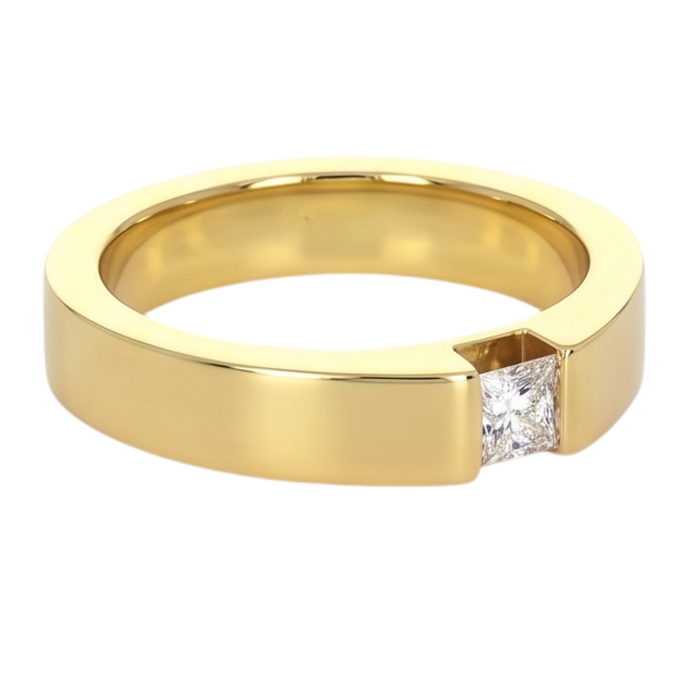 Princess Cut Diamond Tension Set Men's Ring 0.75 Carats Yellow Gold