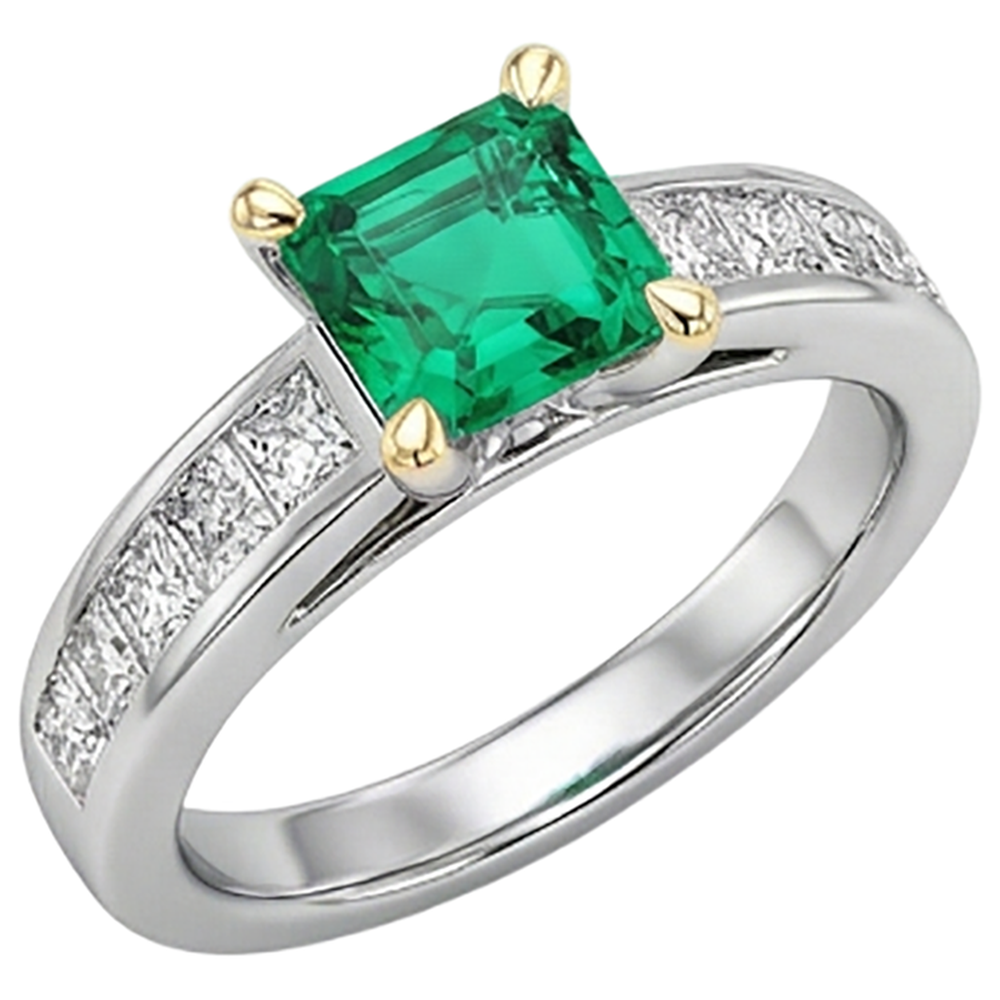 Natural Real ( Not Lab Grown ) Princess Cut Diamonds & Green Emerald GIA Ring 4 Ct Channel Set