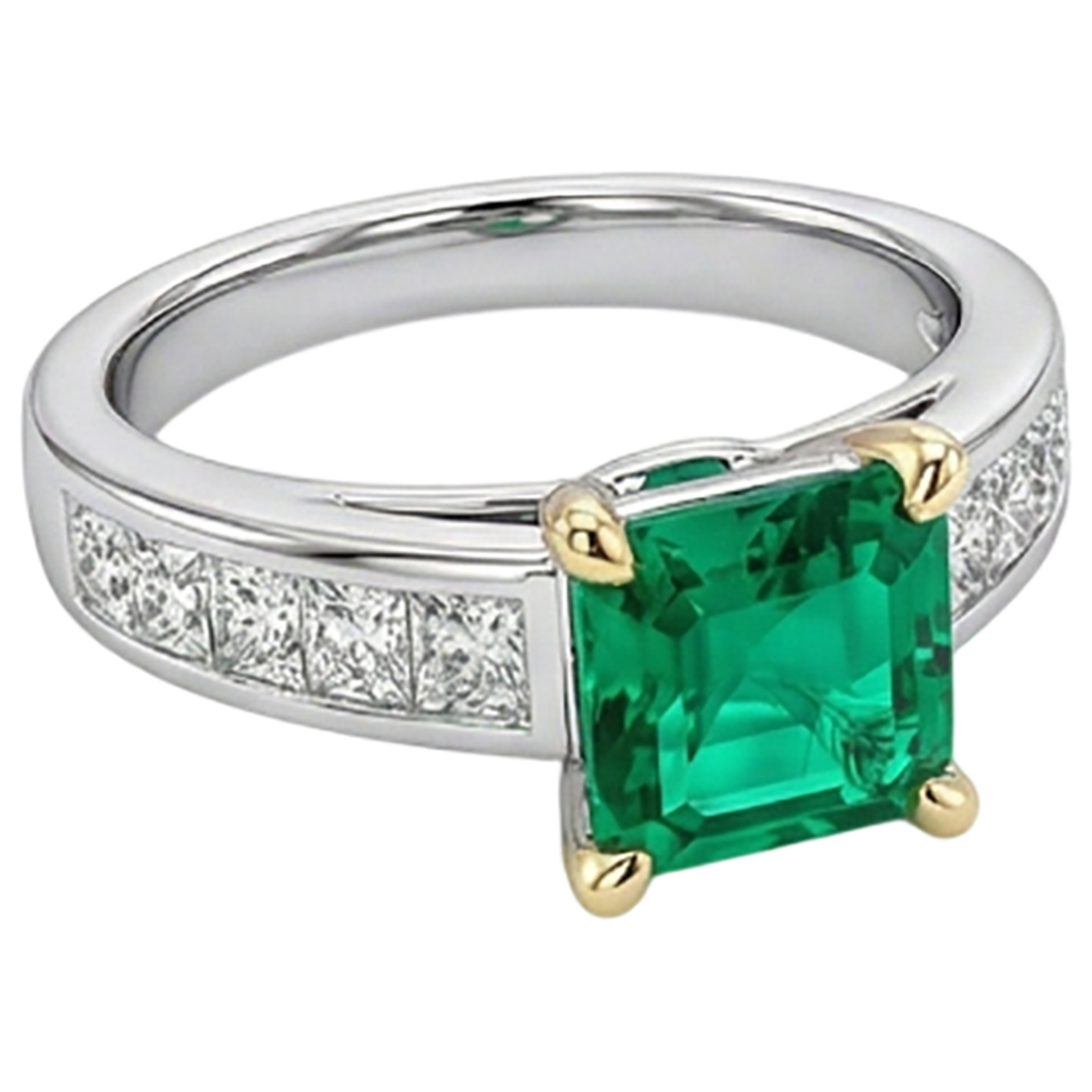 Natural Real ( Not Lab Grown ) Princess Cut Diamonds & Green Emerald GIA Ring 4 Ct Channel Set