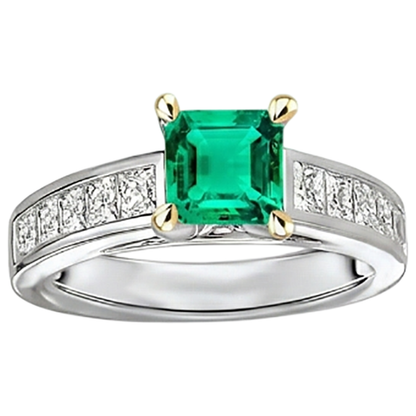 Natural Real ( Not Lab Grown ) Princess Cut Diamonds & Green Emerald GIA Ring 4 Ct Channel Set