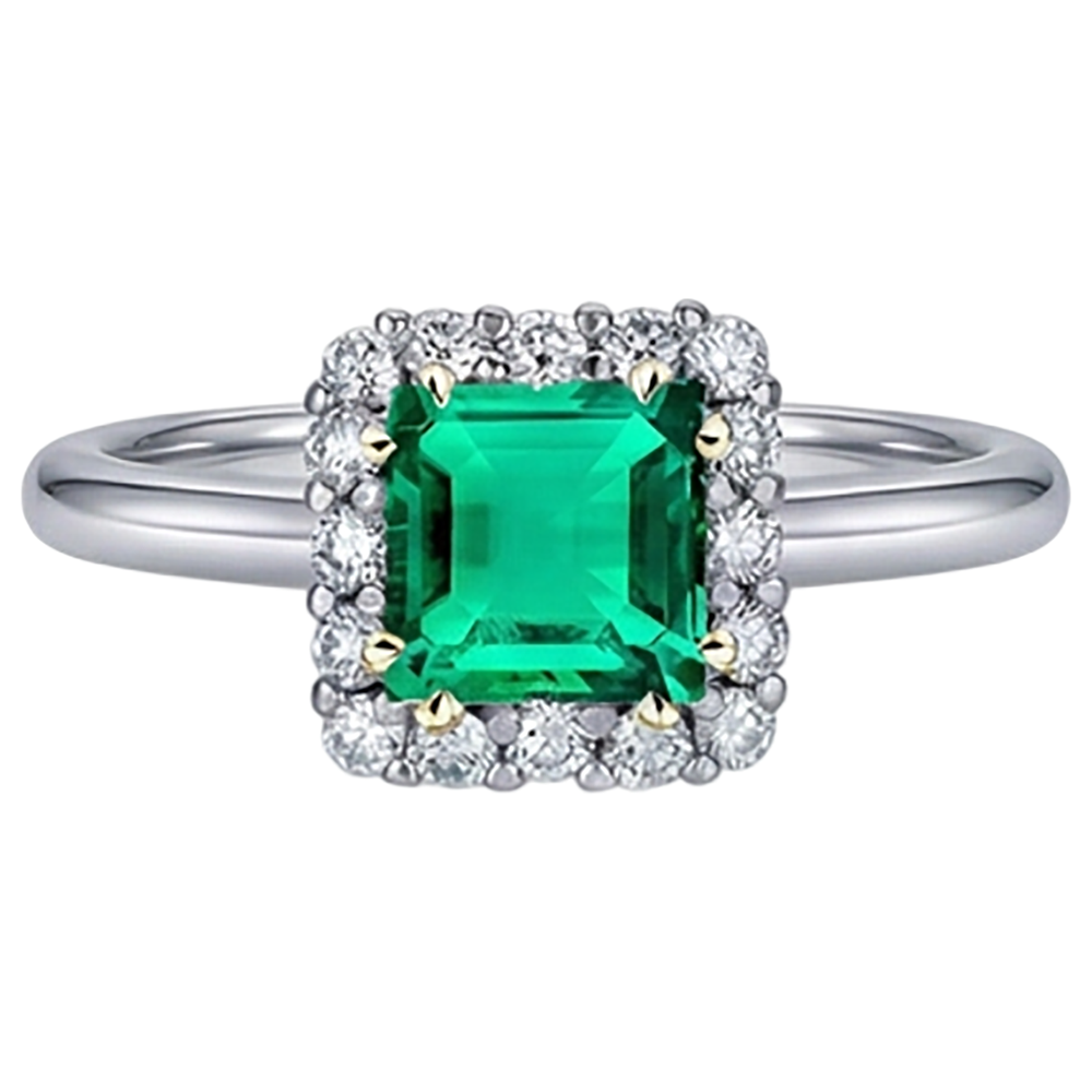 Natural Real ( Not Lab Grown ) Princess Cut Green Emerald GIA Ring Halo Diamonds