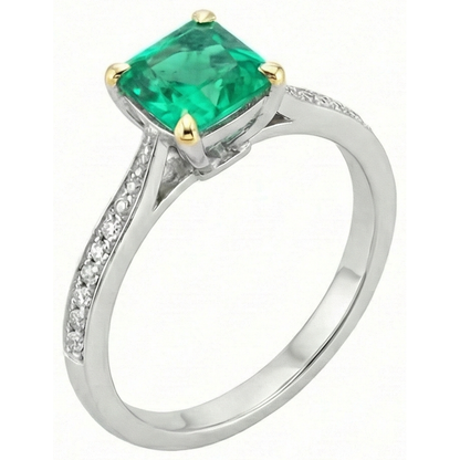 Natural Real ( Not Lab Grown ) Princess Cut Green Emerald GIA Ring Round Diamonds