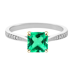 Princess Cut Green Emerald Ring Round Diamonds