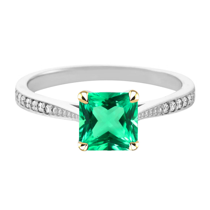 Princess Cut Green Emerald Ring Round Diamonds
