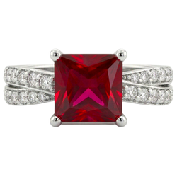 Princess Cut Red Ruby With Natural Earth Mined Diamonds 4.10 Ct. Ring White Gold 14K