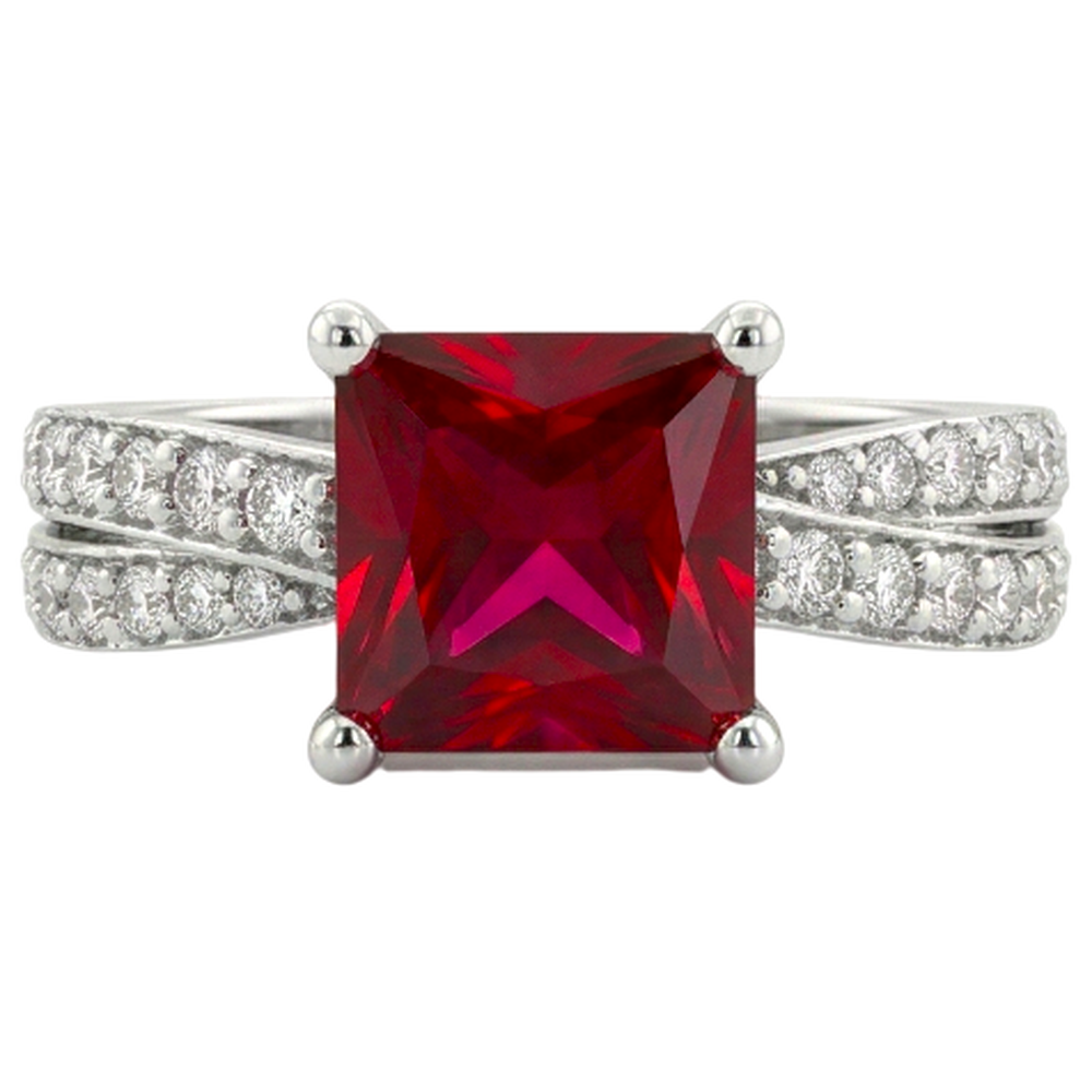 Princess Cut Red Ruby With Natural Earth Mined Diamonds 4.10 Ct. Ring White Gold 14K