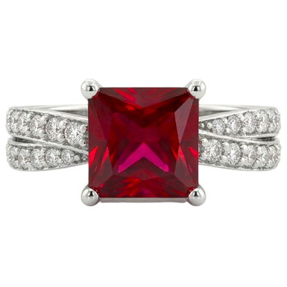 Princess Cut Red Ruby With Natural Earth Mined Diamonds 4.10 Ct. Ring White Gold 14K