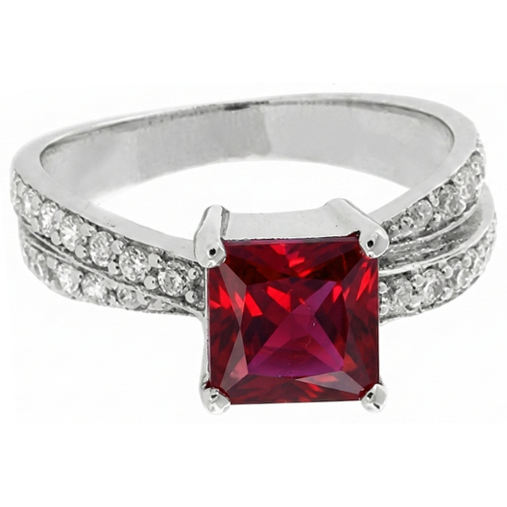 Princess Cut Red Ruby With Natural Earth Mined Diamonds 4.10 Ct. Ring White Gold 14K