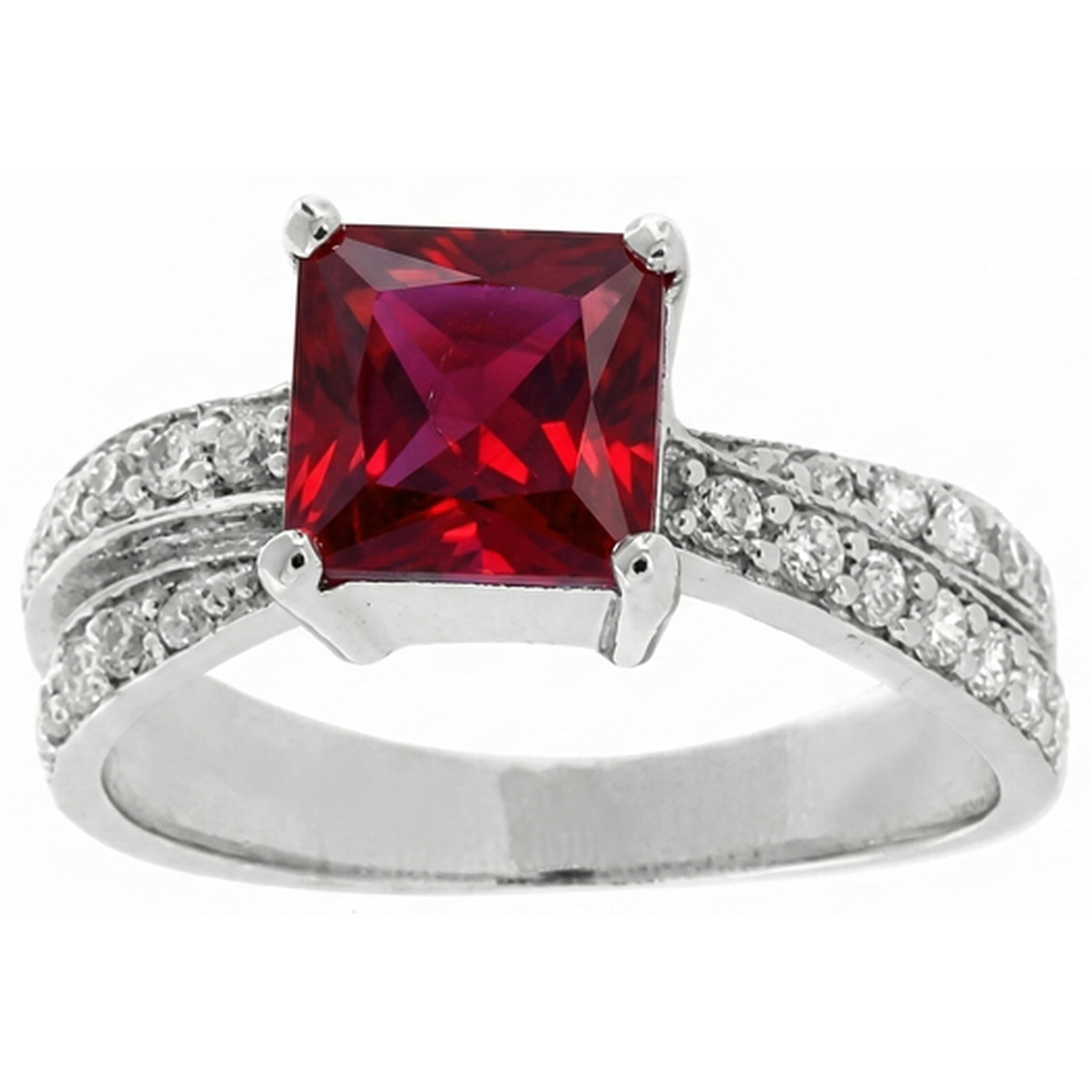 Princess Cut Red Ruby With Natural Earth Mined Diamonds 4.10 Ct. Ring White Gold 14K