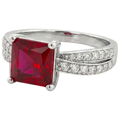 Princess Cut Red Ruby With Natural Earth Mined Diamonds 4.10 Ct. Ring White Gold 14K