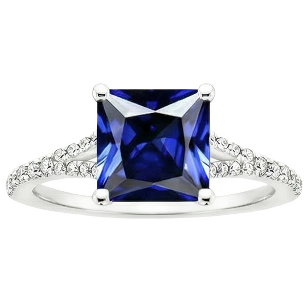 Princess Cut Solitaire Gemstone Ring With Pave Natural Earth Mined Diamond Accents 6 Carat