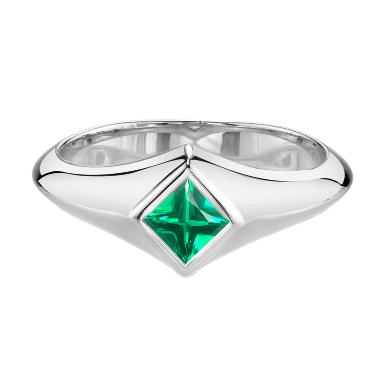 Princess Gemstone Men’s Ring Green Emerald Bezel Set