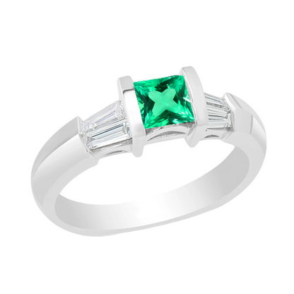 Princess Green Emerald Ring With Baguette Diamonds
