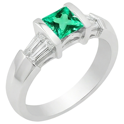 Natural Real ( Not Lab Grown ) Princess Green Emerald GIA Ring With Baguette Diamonds
