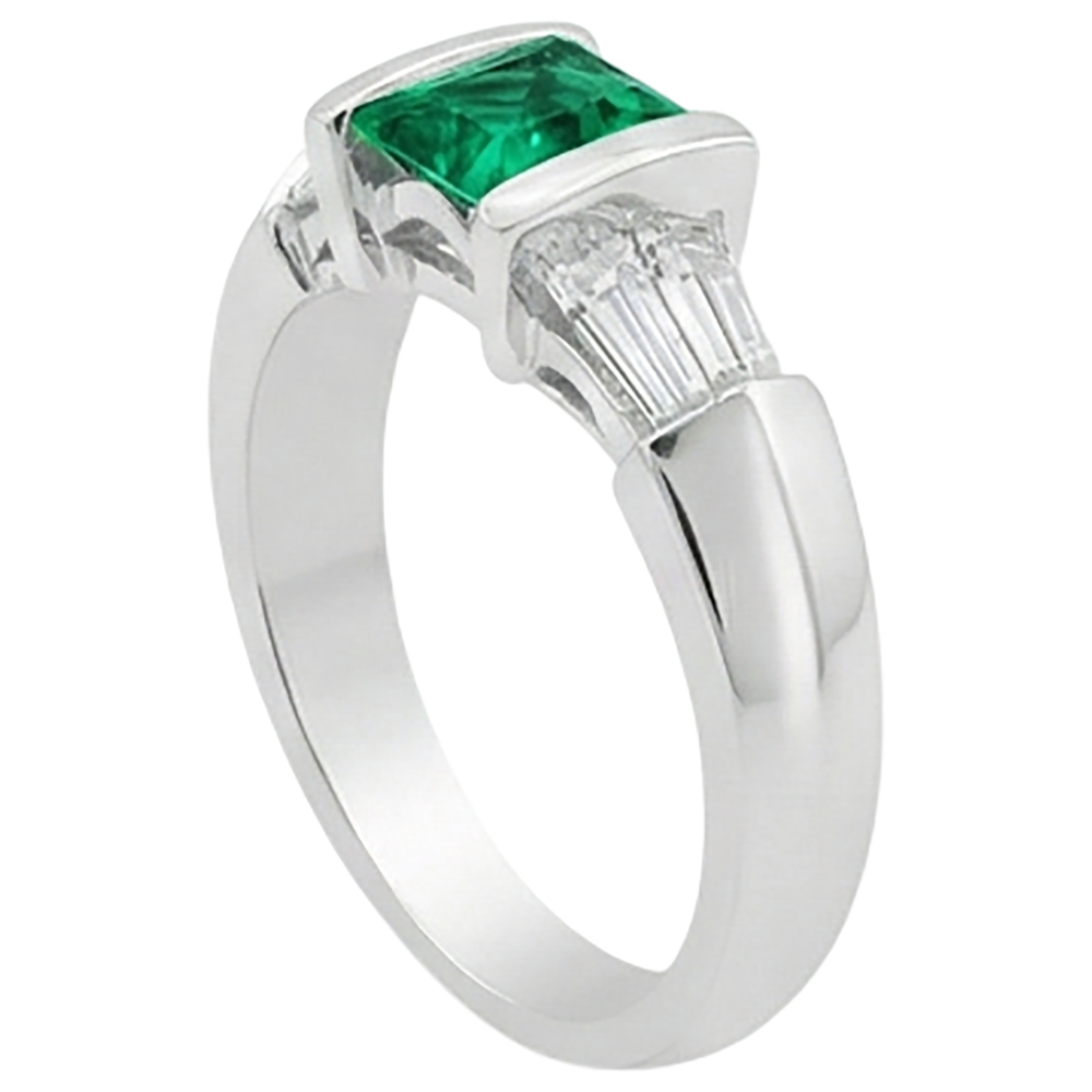 Natural Real ( Not Lab Grown ) Princess Green Emerald GIA Ring With Baguette Diamonds