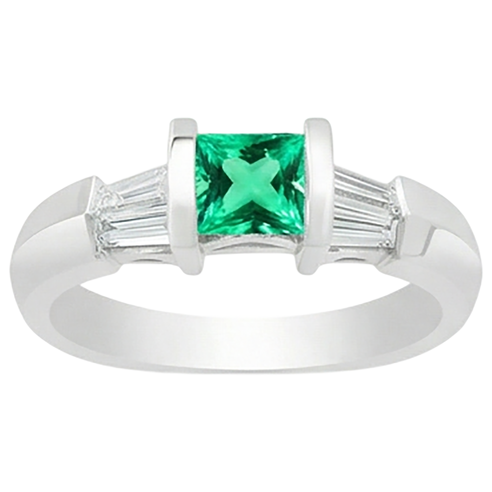 Natural Real ( Not Lab Grown ) Princess Green Emerald GIA Ring With Baguette Diamonds