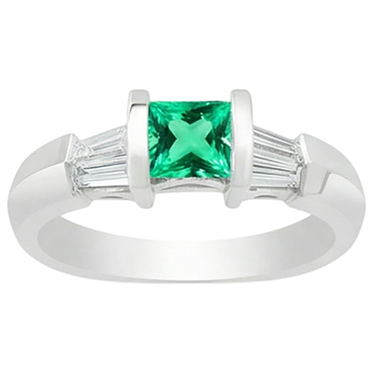 Natural Real ( Not Lab Grown ) Princess Green Emerald GIA Ring With Baguette Diamonds