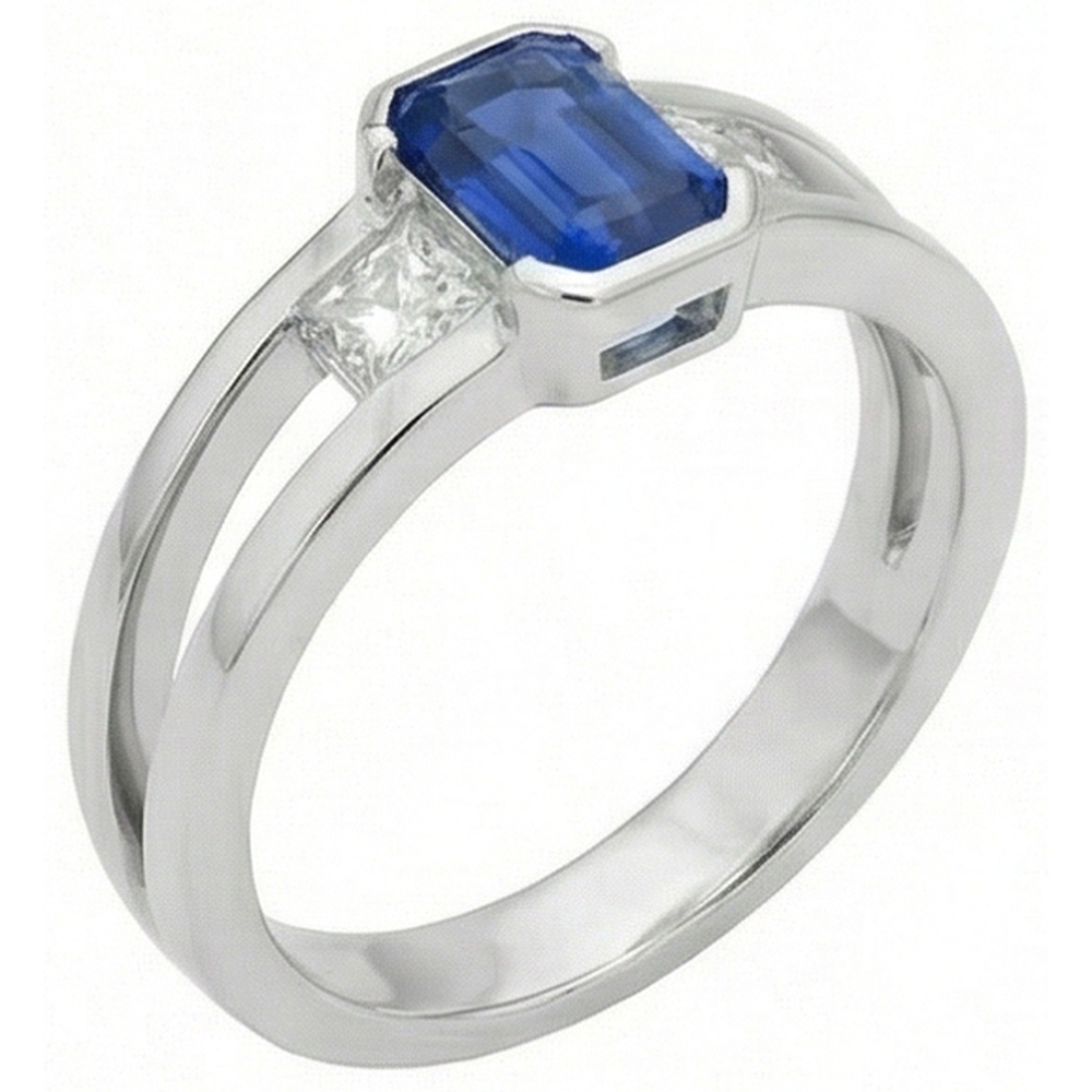 Princess Natural Earth Mined Diamond 3 Stone Emerald Sapphire Ring Split Shank 1.25 Carats