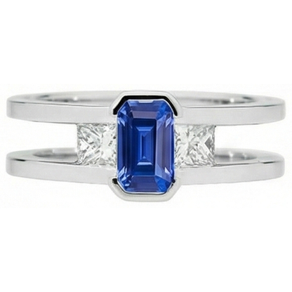 Princess Natural Earth Mined Diamond 3 Stone Emerald Sapphire Ring Split Shank 1.25 Carats