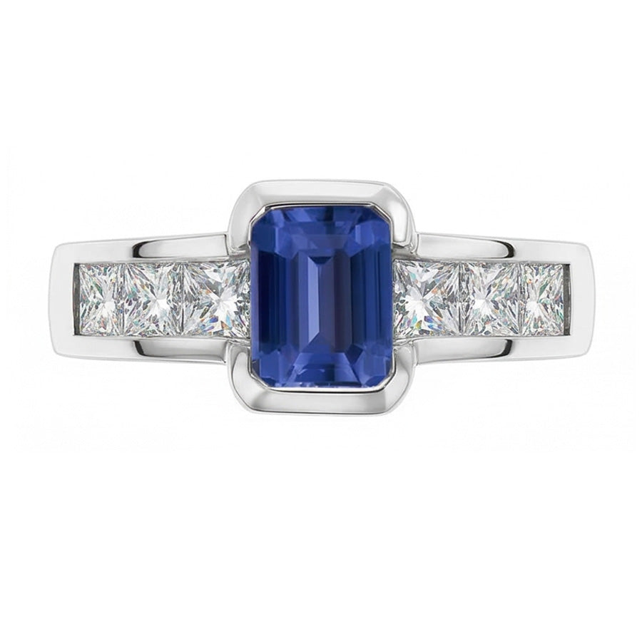 Princess Natural Earth Mined Diamond Ring Gold Bar Set 2.50 Carats Emerald Ceylon Sapphire
