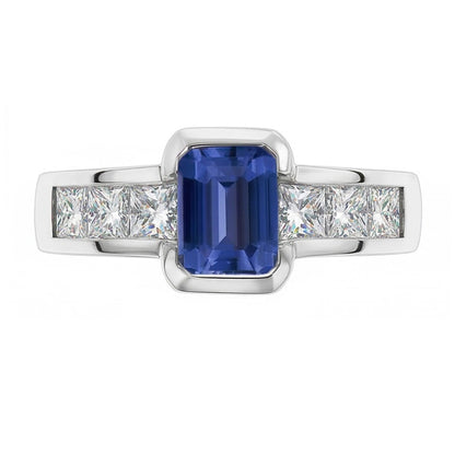 Princess Natural Earth Mined Diamond Ring Gold Bar Set 2.50 Carats Emerald Ceylon Sapphire
