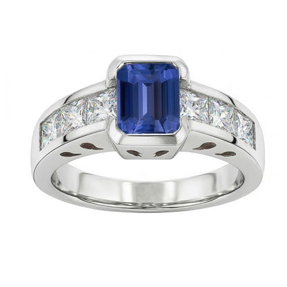 Princess Natural Earth Mined Diamond Ring Gold Bar Set 2.50 Carats Emerald Ceylon Sapphire