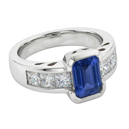 Princess Natural Earth Mined Diamond Ring Gold Bar Set 2.50 Carats Emerald Ceylon Sapphire