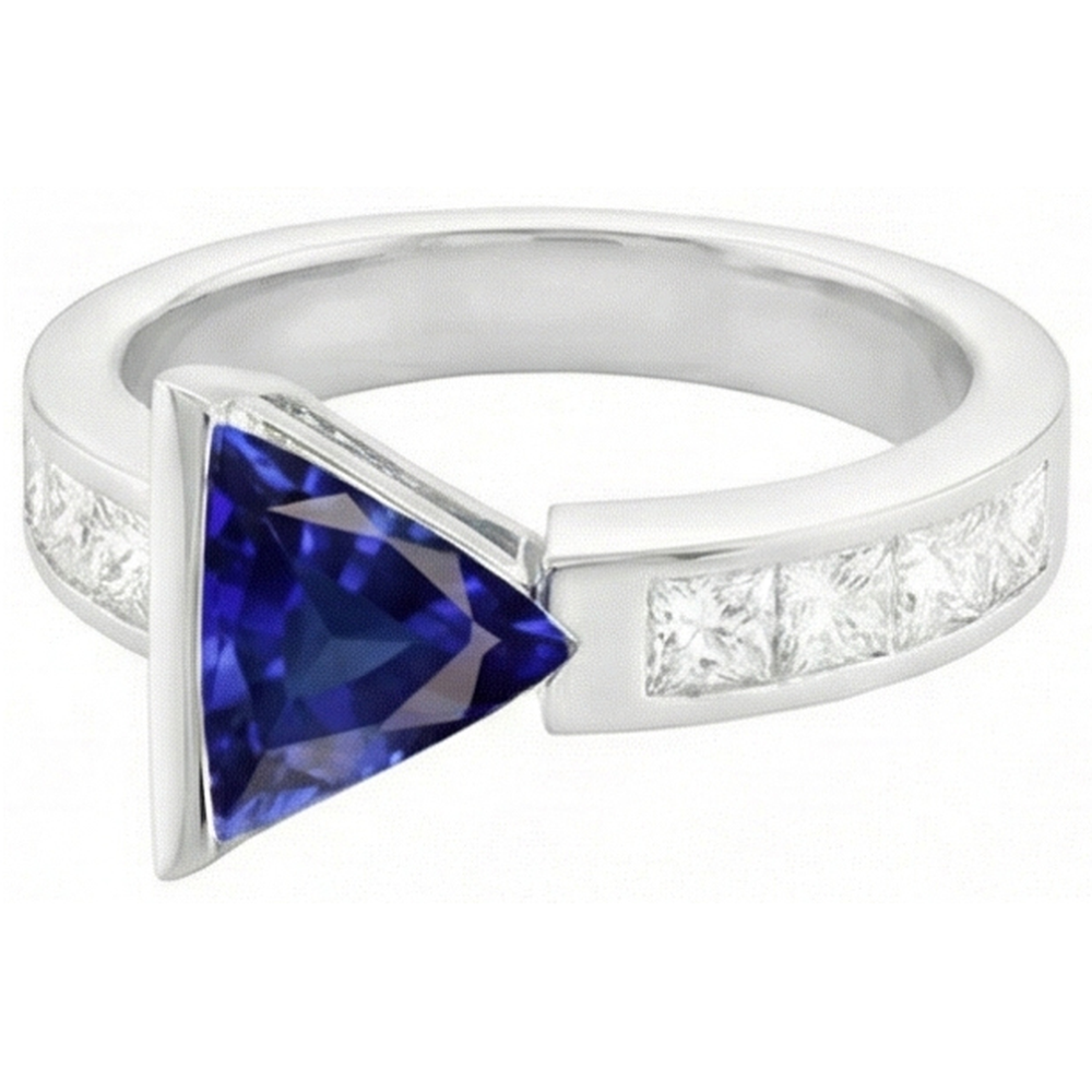 Princess Natural Earth Mined Diamond Trillion Sapphire Ring 1.25 Carats Channel Set