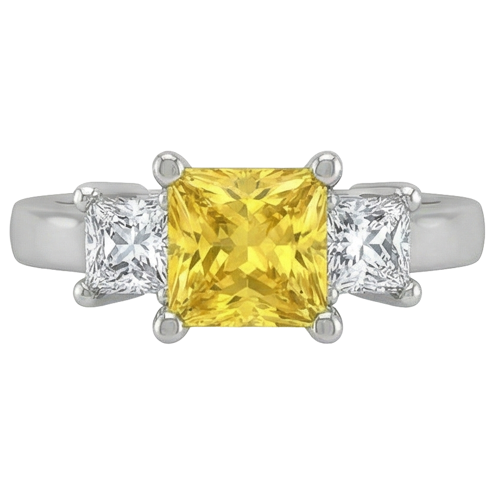 Princess Natural Earth Mined Diamond Yellow Sapphire Ring 5 Carat 3 Stone White Gold 14K