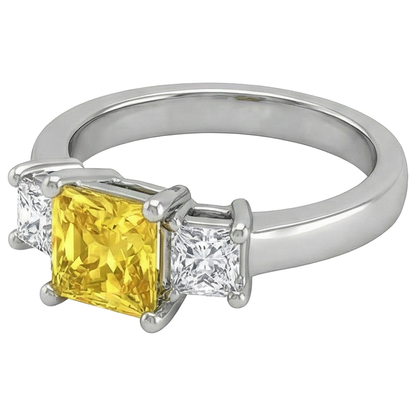 Princess Natural Earth Mined Diamond Yellow Sapphire Ring 5 Carat 3 Stone White Gold 14K