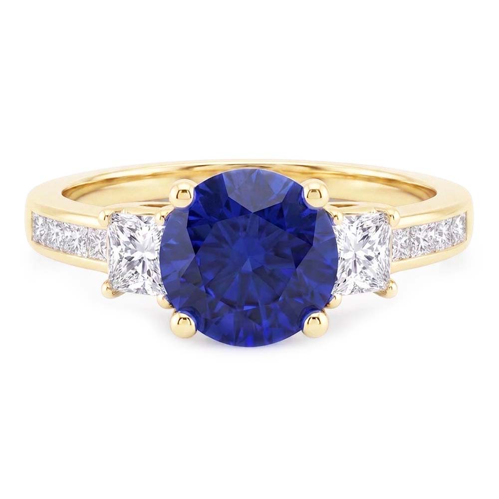 Princess Natural Earth Mined Diamond & Round Blue Sapphire Ring 3.50 Carats Channel Set