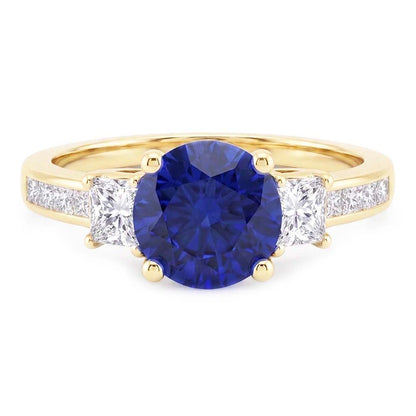 Princess Natural Earth Mined Diamond & Round Blue Sapphire Ring 3.50 Carats Channel Set