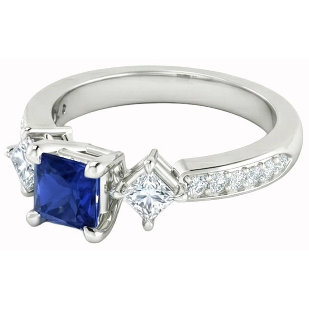 Princess Round Natural Earth Mined Diamond Ceylon Sapphire Ring 2.50 Carats White Gold 14K