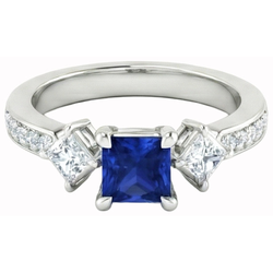 Princess Round Natural Earth Mined Diamond Ceylon Sapphire Ring 2.50 Carats White Gold 14K