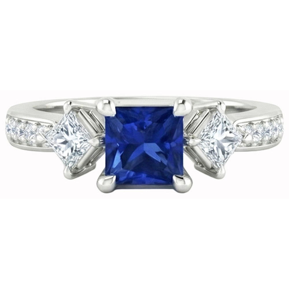 Princess Round Natural Earth Mined Diamond Ceylon Sapphire Ring 2.50 Carats White Gold 14K