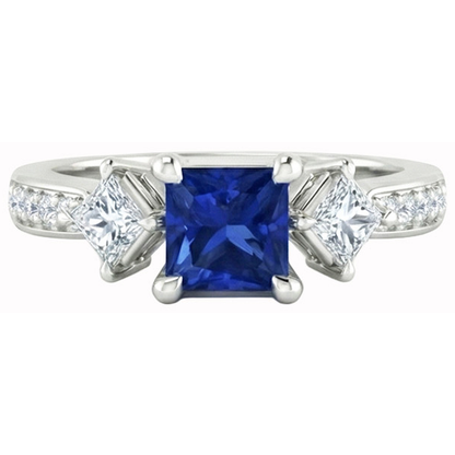 Princess Round Natural Earth Mined Diamond Ceylon Sapphire Ring 2.50 Carats White Gold 14K